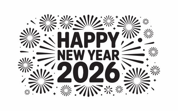 Celebrate the arrival of 2026 with vibrant fireworks and festive "Happy New Year" text, perfect for invitations and promotions