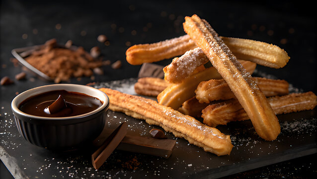 Delicious churros with chocolate sauce and cocoa powder on a dark background, perfect for a sweet treat or dessert menu, showcasing the crispy texture and rich flavor - Powered by Adobe