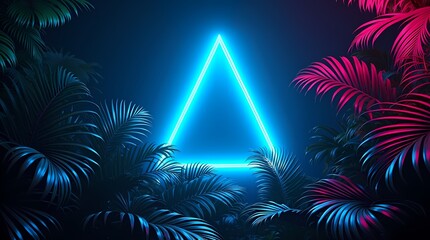 Neon Triangle Portal Amidst Palm Leaves A Vibrant Journey into Digital Realms and Lush Botanicals with Exotic Aesthetics