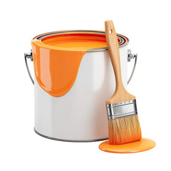 Open paint can, brush resting, orange paint spills. Isolated image