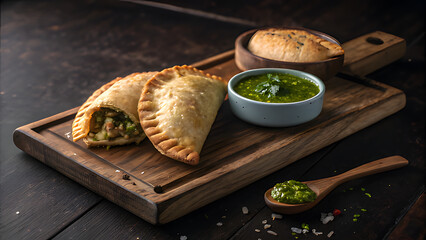 Two delicious empanadas on a wooden board, served with chimichurri sauce and bread, offering a taste of authentic latin american cuisine and culinary traditions