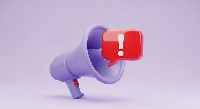 Purple megaphone with red alert notification symbol on light purple background exclamation