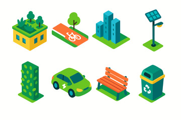 Fototapeta premium Green City Icons. Green Urban Design modern flat icons set: rooftop garden, bike path, city skyline, solar streetlight, vertical greenery, electric car, park bench, recycling bin.
