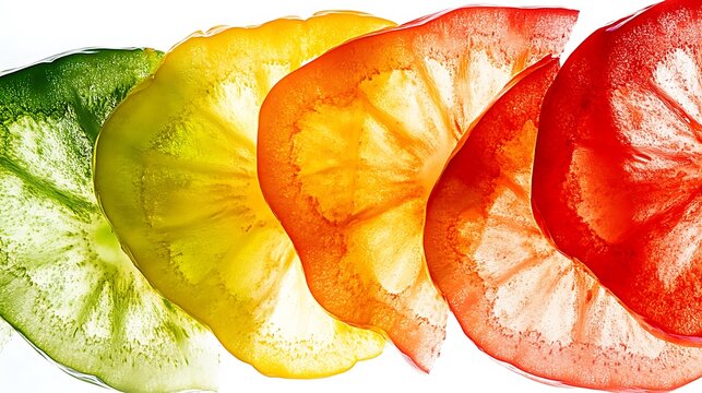 Colorful dried citrus fruit slices arranged in row on white background