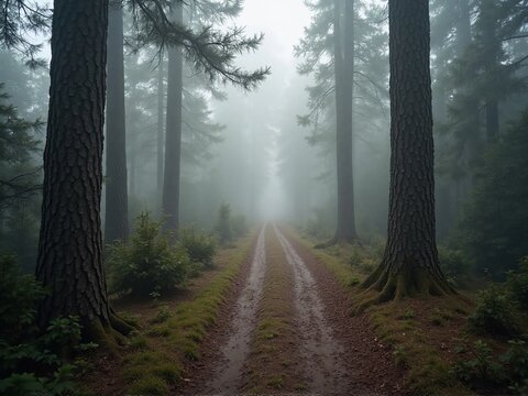 A dirt path framed by tall trees vanishes into the thick morning fog of a mysterious, atmospheric forest. - Powered by Adobe