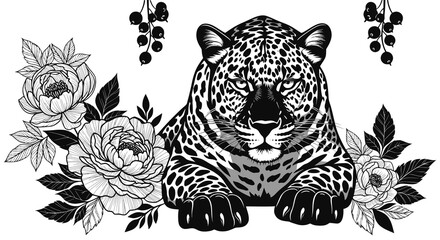 Fototapeta premium Leopard in flowers. Floral pattern with leopard and flowers. Modern decor. Template for paper, textile, wallpaper. Black and white vector illustration. Transparent PNG version.