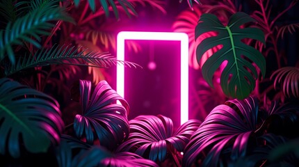 Neon Portal in Lush Jungle Tropical Leaves Frame a Glowing Pink Rectangle Inviting Exploration and Mystery