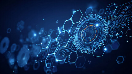A blue and orange image of gears and hexagons