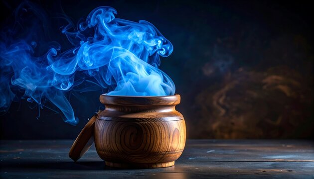A wooden pot, partially open, emits swirling blue smoke against a dark, moody background. The scene suggests mystery