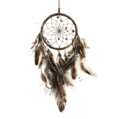 Dreamcatcher with feathers hanging against a black background