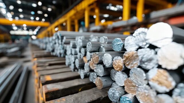 In a bustling factory, workers skillfully handle stacks of steel rods. The bright lighting enhances the sheen of the metal as it undergoes processing. Precision is key in this vibrant setting.