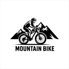 Obraz premium Mountain Bike Logo Design with Cyclist, Mountains, and Typography in Black and White