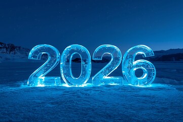 Glowing blue ice sculpture of the year 2026 illuminated at night in a snowy winter landscape
