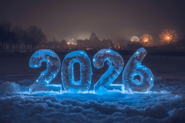 Glowing blue ice sculpture of the year 2026 illuminated at night in a snowy winter landscape with softly blurred background lights