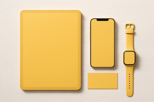 Premium Yellow Matte Branding Kit Mockup on White Wooden Background