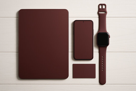 Premium Maroon Matte Branding Kit Mockup on White Wooden Background