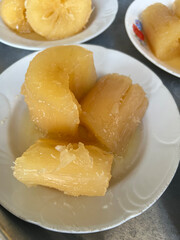 close up view of delicious asian dish, sweet cassava boiled