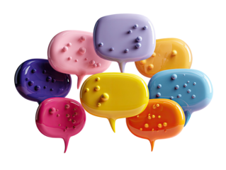 Colorful speech bubbles with small spheres on a black background