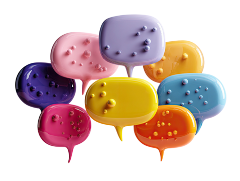 Colorful speech bubbles with small spheres on a black background