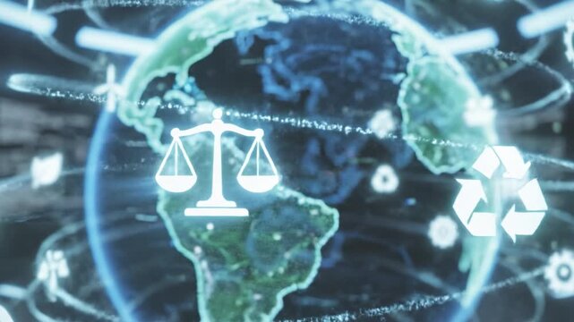 Legal scale symbol with digital globe, environmental icons, and network elements showcasing global justice, sustainability, balance, and futuristic eco friendly technology for sustainable environment