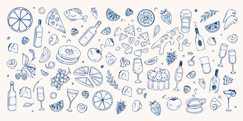 Whimsical blue line art food and drink doodles pattern with fruits vegetables and party items