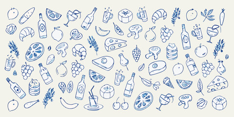Collection of hand drawn food and drink illustrations in blue ink on a light background
