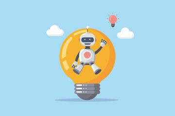 Cute robot character sitting inside a glowing light bulb symbolizing innovation and new ideas