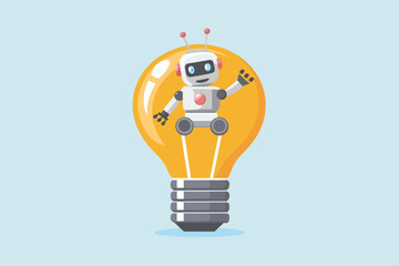 Cute cartoon robot waving hello inside a glowing light bulb symbolizing a bright new idea