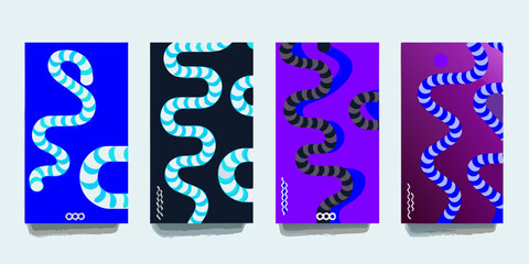 Four abstract vertical banners with colorful wavy tube patterns and geometric shapes