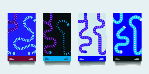 Four abstract vertical mobile phone screen designs with colorful wavy tube patterns and minimalist bases