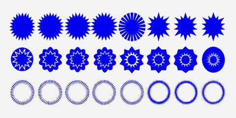 Collection of blue starburst and circular badge shapes on a white background