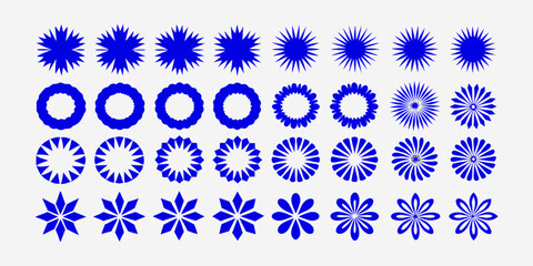 Collection of abstract blue geometric starburst and floral shapes on a white background