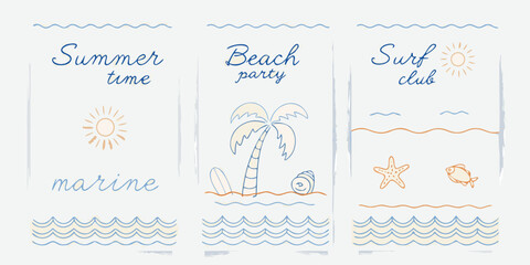 Triptych of hand drawn summer beach and marine illustrations with text for vacation and party themes