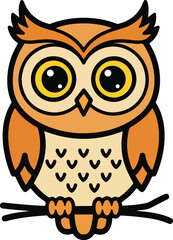 Adorable cartoon owl sitting on a branch, simple flat vector illustration isolated on white.