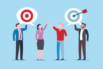 Diverse team celebrating success and achieving goals with targets in speech bubbles