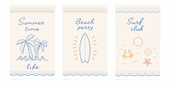 Set of three minimalist summer beach themed cards with palm trees surfboard crab and sun illustrations