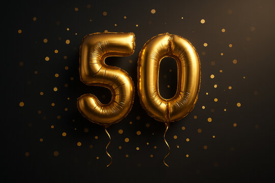 Number 50. 50 years old. Gold balloons number 50th anniversary, Happy birthday congratulations.