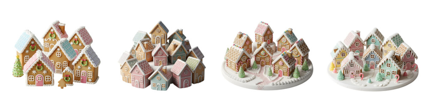 Assortment of decorated gingerbread houses in various arrangements and pastel colors transparent background