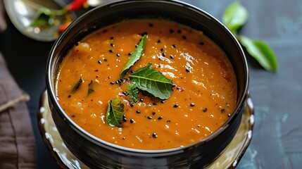 Sambar Masala, a traditional Indian spice blend with coriander, cumin, mustard, curry, fenugreek, turmeric, chili, pepper, and cardamom in a glass jar on a wooden kitchen countertop for authentic cook
