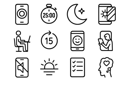 Healthy Tech Habits Icons. Healthy Tech Habits linear icon set: focus app, digital timer, sleep moon, blue light filter, healthy posture, time limit icon, positive reminder,