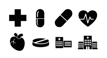 Black silhouette medical and healthcare icons including cross, pills, heart, and hospitals on white background.