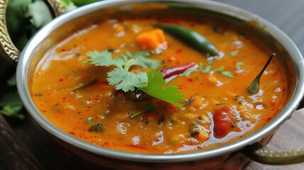 Sambar Masala, a traditional Indian spice blend with coriander, cumin, mustard, curry, fenugreek, turmeric, chili, pepper, and cardamom in a glass jar on a wooden kitchen countertop for authentic cook