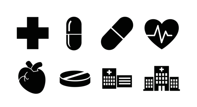 Black silhouette medical and healthcare icons including cross, pills, heart, and hospitals on white background.