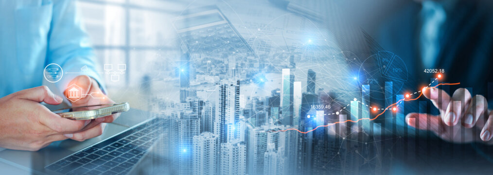 Business, finance and investment concept. Business man analyzing and calculating tax, financial data with economic graph growth chart, strategy and budget planning, digital banking and market. banner.