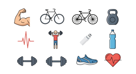 A vibrant collection of fitness and exercise icons, including dumbbells, bicycles, a kettlebell, a bicep, a running shoe, and health symbols.