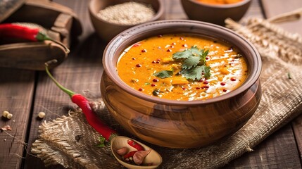 Sambar Masala, a traditional Indian spice blend with coriander, cumin, mustard, curry, fenugreek, turmeric, chili, pepper, and cardamom in a glass jar on a wooden kitchen countertop for authentic cook