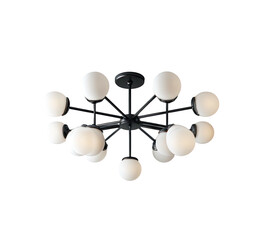 Sputnik-style chandelier with white globe bulbs on black arms