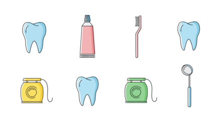 Collection of dental hygiene tools and teeth illustrations on a white background, depicting oral care essentials.