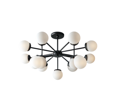 Sputnik-style chandelier with white globe bulbs on black arms