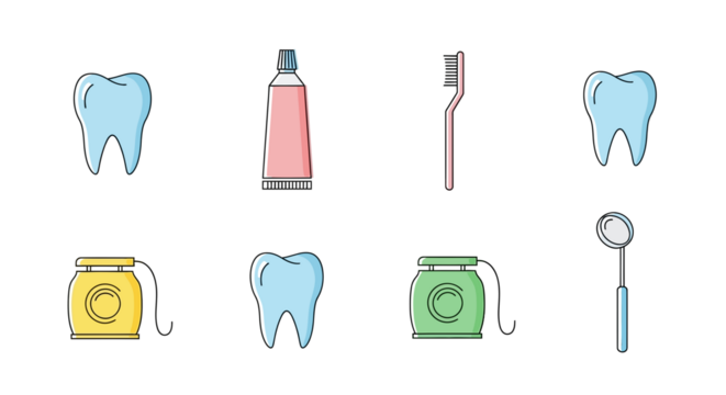 Collection of dental hygiene tools and teeth illustrations on a white background, depicting oral care essentials.